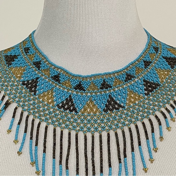 Blue Gold Brown Native American Style Beaded Necklace Collar Handmade - Picture 4 of 7